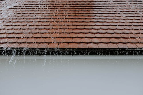 Rainwater flowing down a sloped roof into clean gutters during a light rainfall
