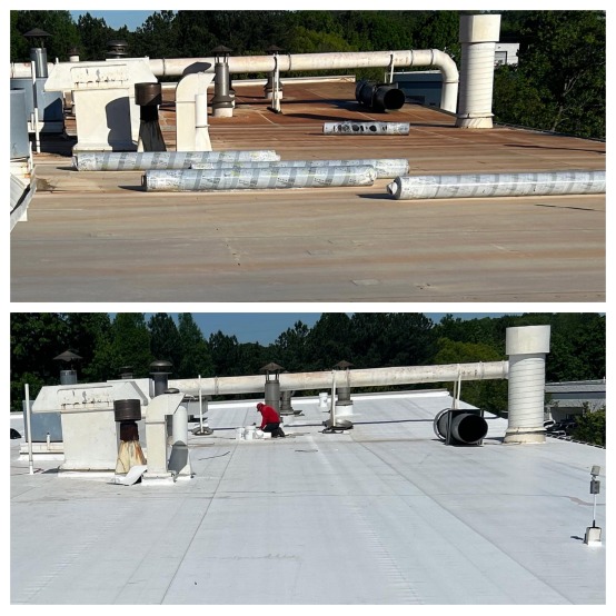 A before and after image of a roof replacement
