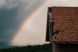 A rainbow over a damaged roof after a storm