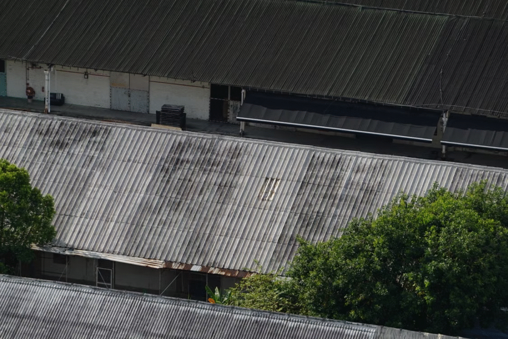 aerial view of metal roofs of buildings