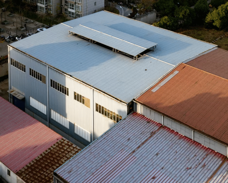 aerial view of the roof of industrial buildings